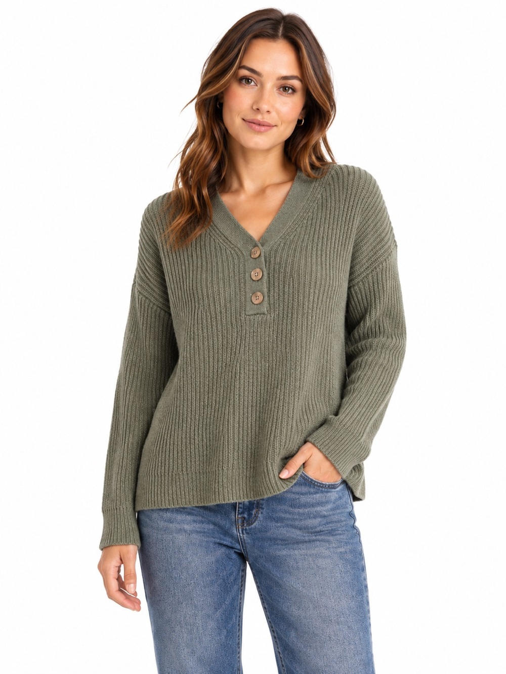 Denver Hayes Green Ribbed Knit Pullover Sweater